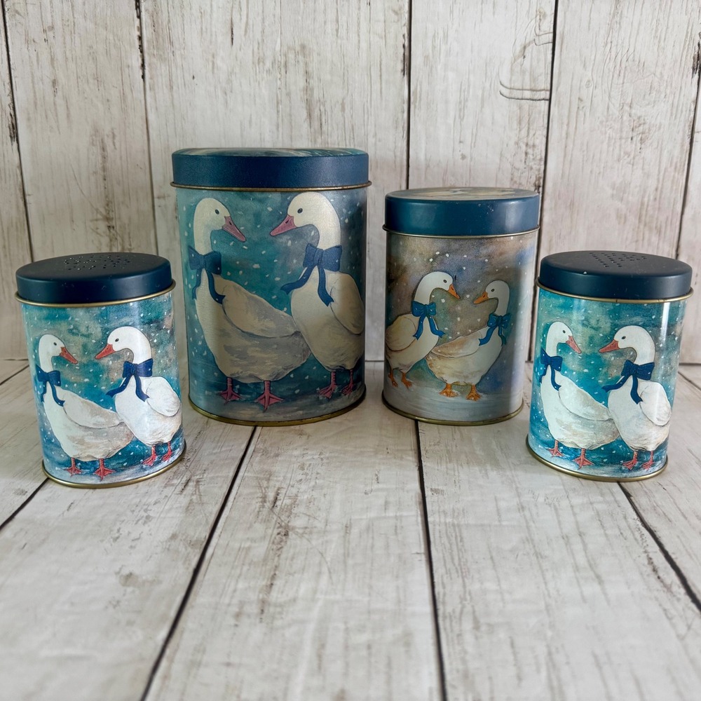 Vintage Goose Winter Scene Metal Canister and Salt Pepper Shaker Set 4pc Blue